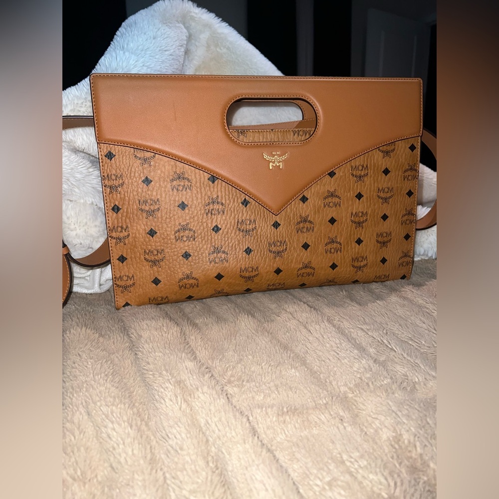 MCM Visetos Cognac Leather Top Handle Clutch Tote – Excellent Condition